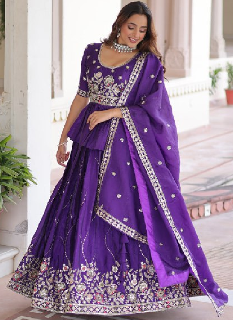 Zari Thread Work Gold Crush Purple Lehenga With Peplum Top For Women
