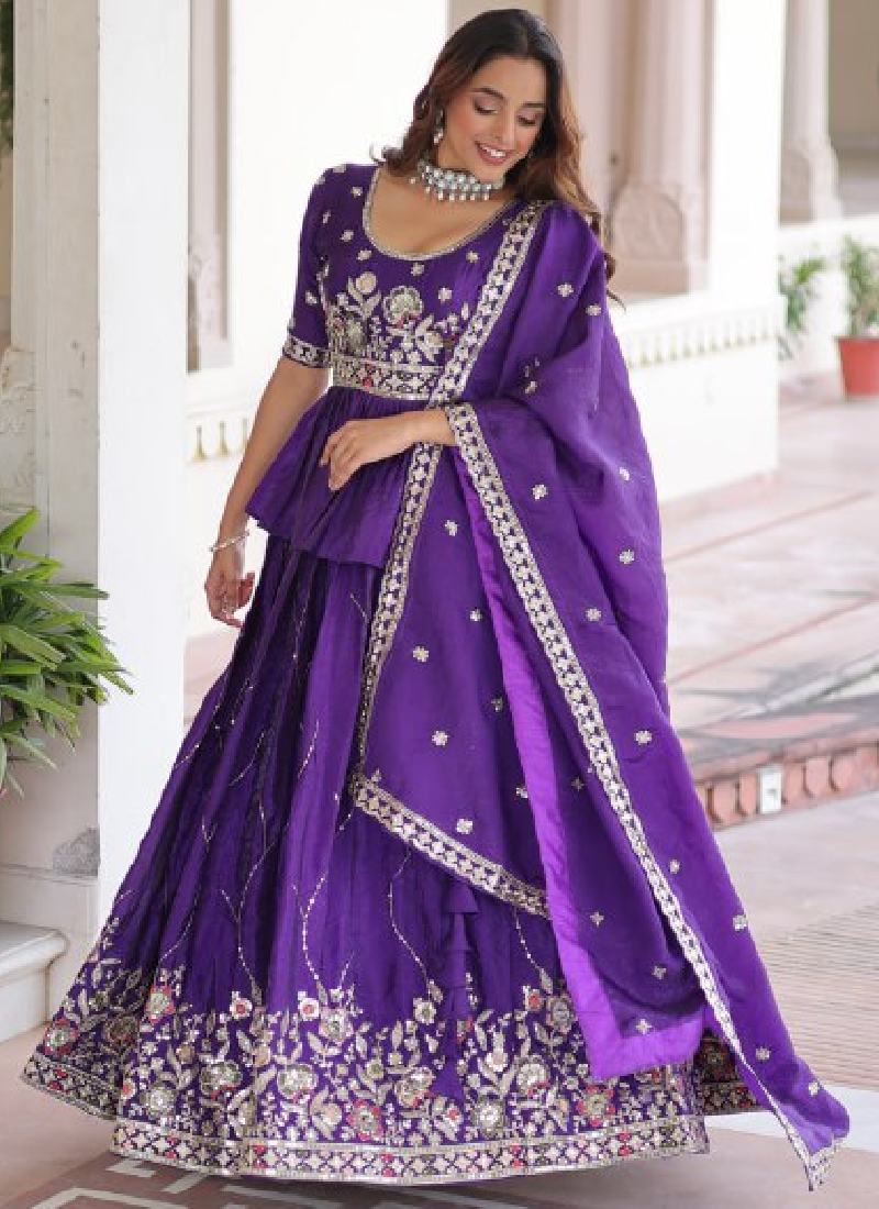 Zari Thread Work Gold Crush Purple Lehenga With Peplum Top For Women