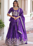 Zari Thread Work Gold Crush Purple Lehenga With Peplum Top For Women