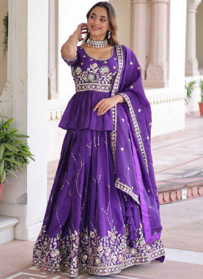 Zari Thread Work Gold Crush Purple Lehenga With Peplum Top For Women