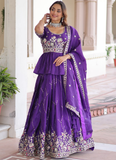 Zari Thread Work Gold Crush Purple Lehenga With Peplum Top For Women