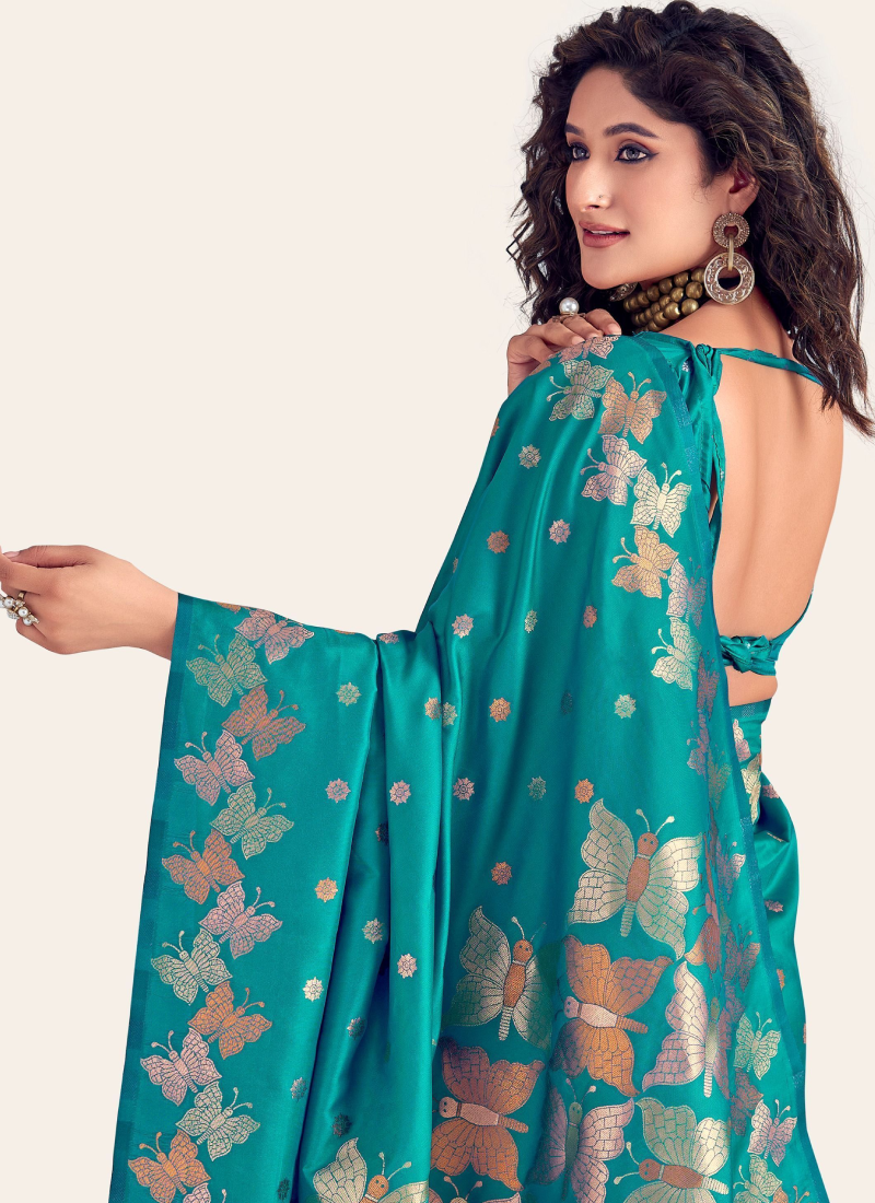 Zari Weaving Banarasi Silk Turquoise Blue Party Wear Indian Saree