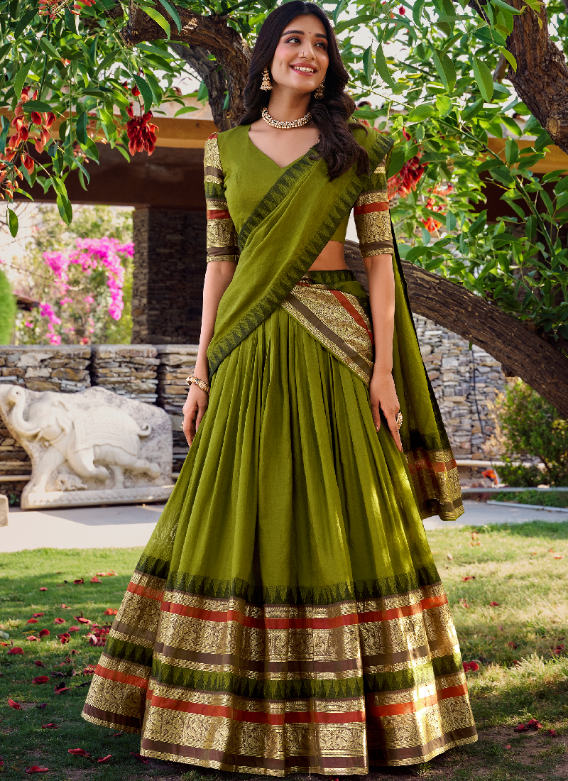 Zari Weaving Chanderi Silk Mehndi Green Half Lehenga Choli With Dupatta