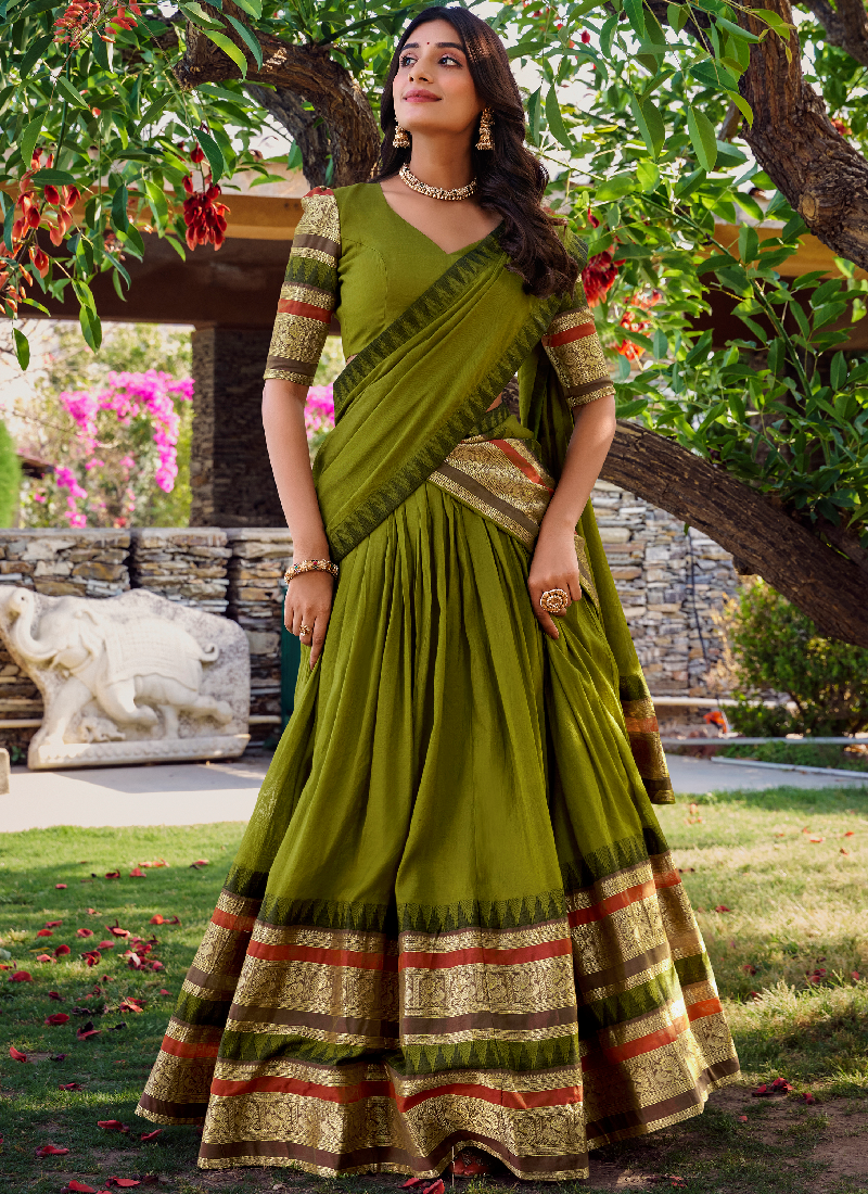 Zari Weaving Chanderi Silk Mehndi Green Half Lehenga Choli With Dupatta