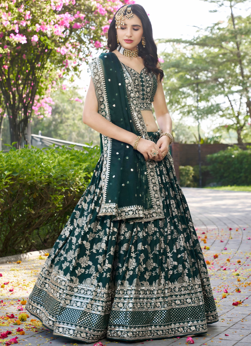 Zari Weaving Sequence Embroidered Dark Green Silk Lehenga Choli Set