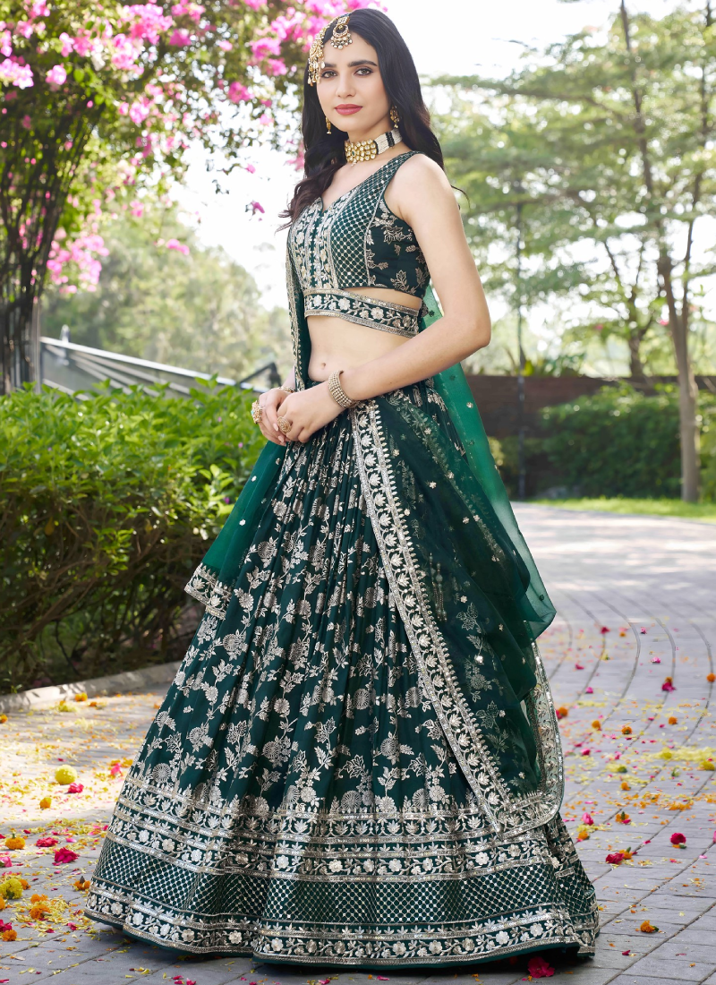 Zari Weaving Sequence Embroidered Dark Green Silk Lehenga Choli Set