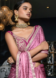 Zari Weaving Viscose Satin Pink Party Wear Saree With Blouse