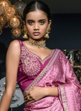 Zari Weaving Viscose Satin Pink Party Wear Saree With Blouse