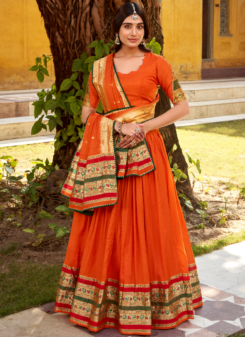 Zari Weaving Work Chanderi Silk Wedding Wear Orange Lehenga Choli