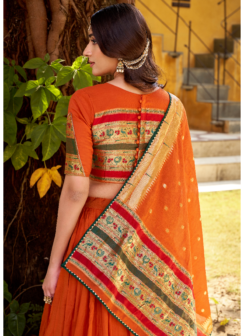Zari Weaving Work Chanderi Silk Wedding Wear Orange Lehenga Choli