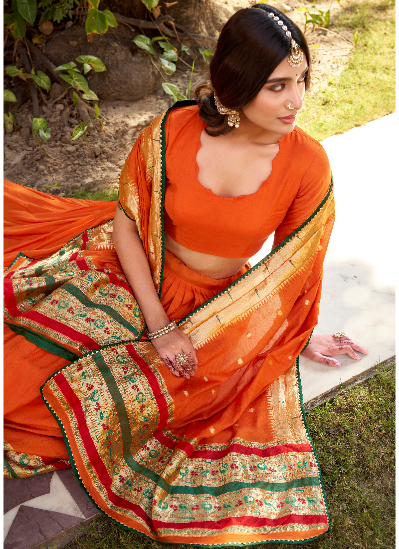 Zari Weaving Work Chanderi Silk Wedding Wear Orange Lehenga Choli
