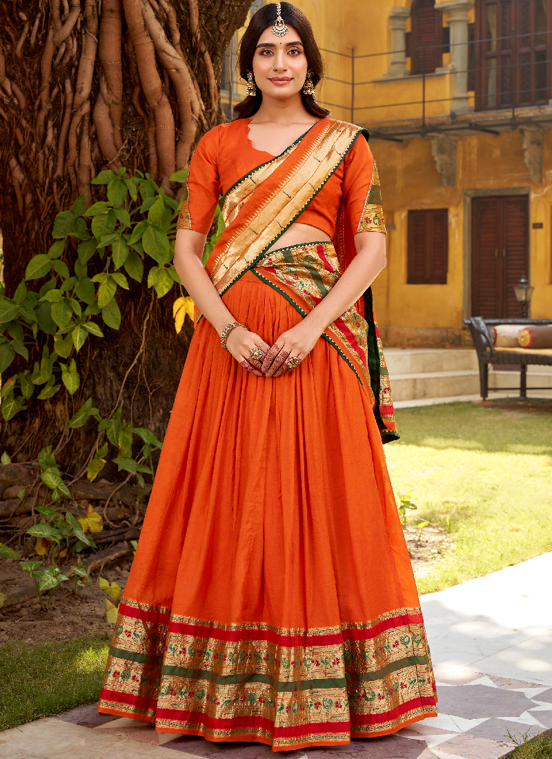 Zari Weaving Work Chanderi Silk Wedding Wear Orange Lehenga Choli