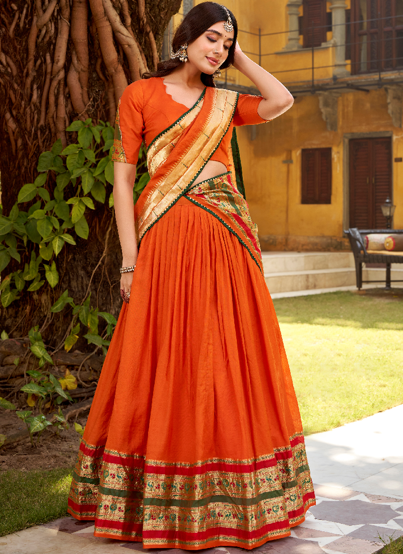 Zari Weaving Work Chanderi Silk Wedding Wear Orange Lehenga Choli