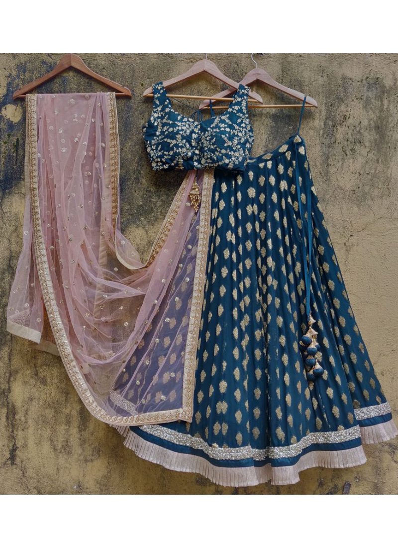 Zari Weaving Work Georgette Banarasi Teal Blue Lehenga Choli
