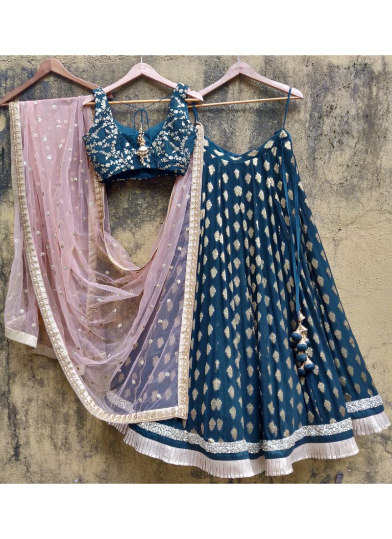 Zari Weaving Work Georgette Banarasi Teal Blue Lehenga Choli