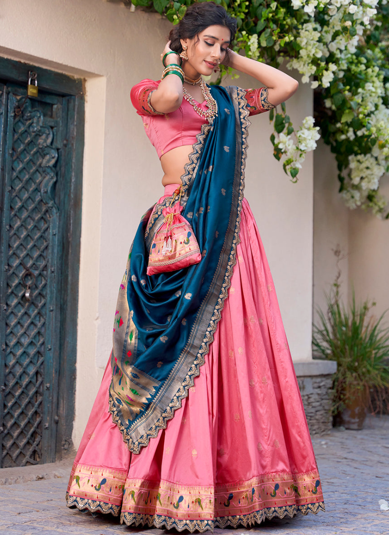 Zari Weaving Work Jacquard Silk Paithani Light Pink Lehenga Choli