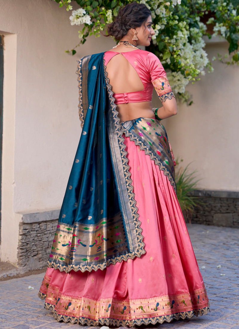 Zari Weaving Work Jacquard Silk Paithani Light Pink Lehenga Choli