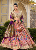 Zari Weaving Work Printed Peach Jacquard Silk Paithani Lehenga Choli