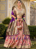 Zari Weaving Work Printed Peach Jacquard Silk Paithani Lehenga Choli