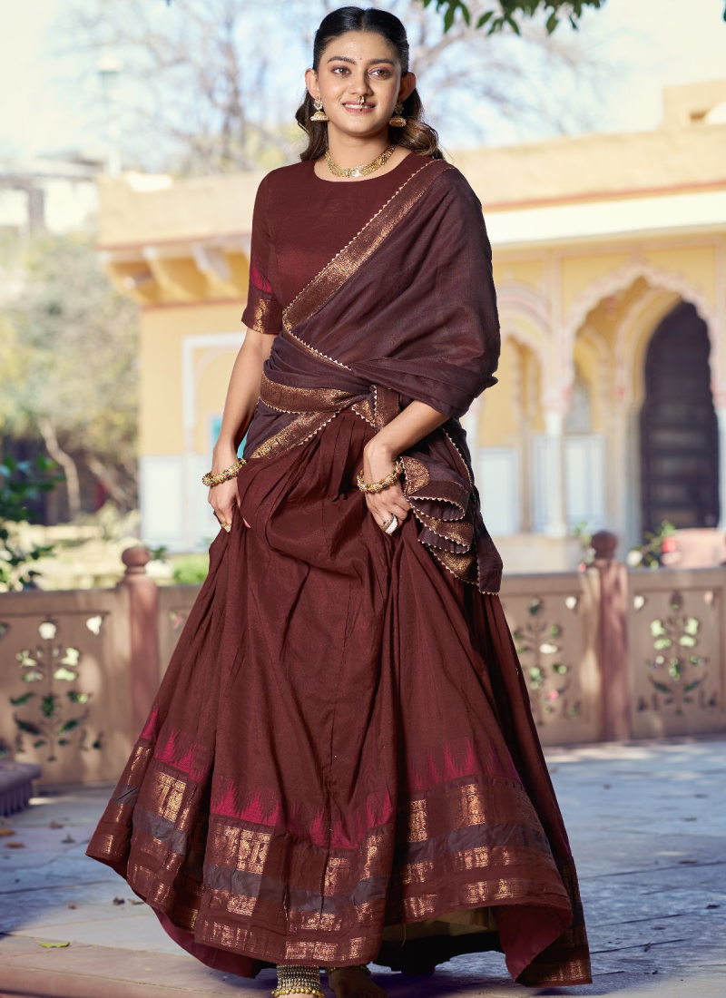 Zari Weaving Work Pure Chanderi Cotton Brown Half Saree Lehenga Set