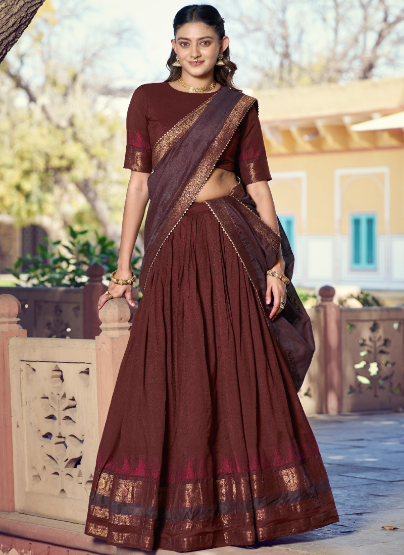 Zari Weaving Work Pure Chanderi Cotton Brown Half Saree Lehenga Set