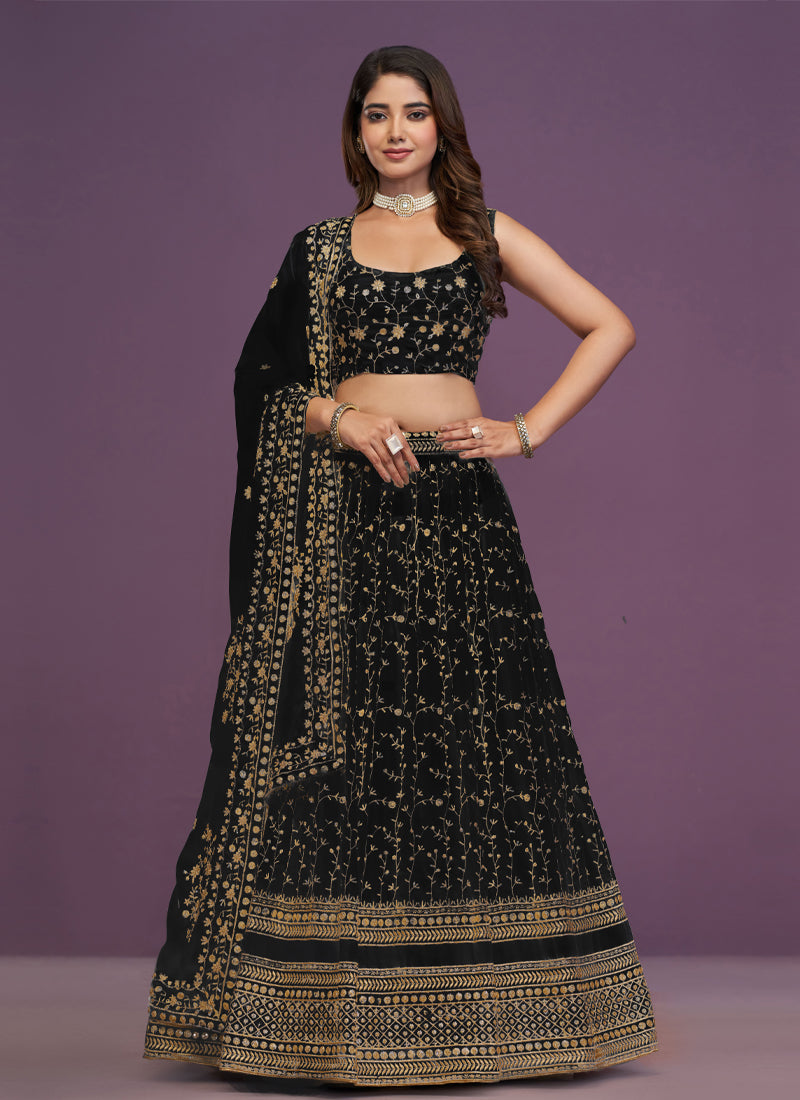 Zari Sequence Embroidered Georgette Black Party Wear Lehenga Choli