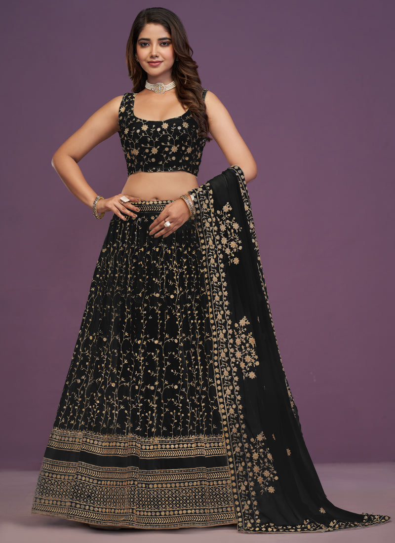 Zari Sequence Embroidered Georgette Black Party Wear Lehenga Choli