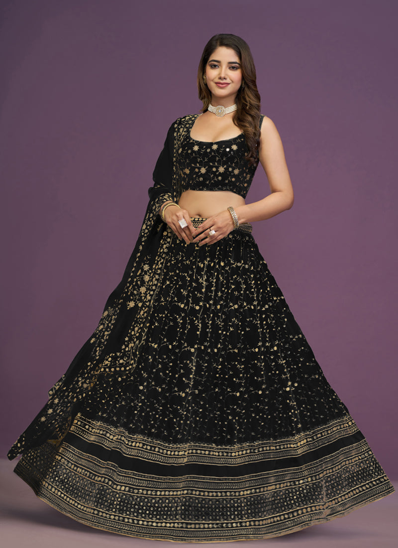 Zari Sequence Embroidered Georgette Black Party Wear Lehenga Choli