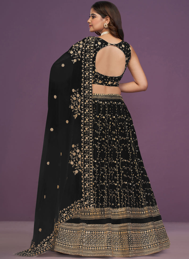 Zari Sequence Embroidered Georgette Black Party Wear Lehenga Choli