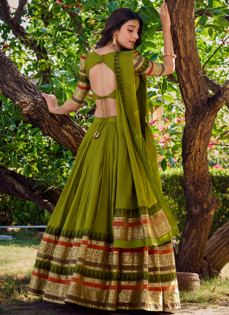 Zari Weaving Chanderi Silk Mehndi Green Half Lehenga Choli With Dupatta