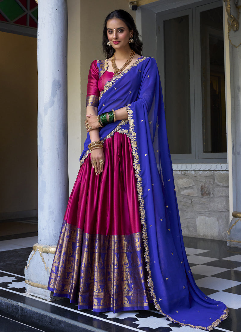Zari Weaving Work Narayan Pattu Half Saree Lehenga In Pink Color