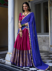 Zari Weaving Work Narayan Pattu Half Saree Lehenga In Pink Color