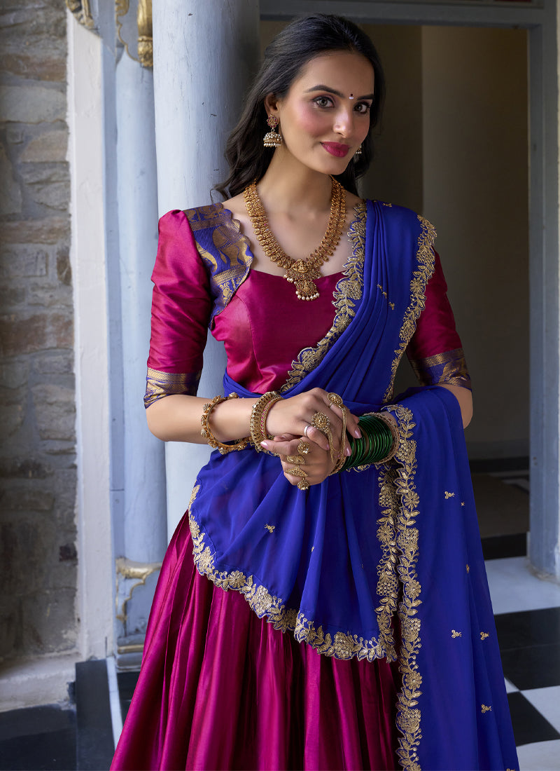 Zari Weaving Work Narayan Pattu Half Saree Lehenga In Pink Color
