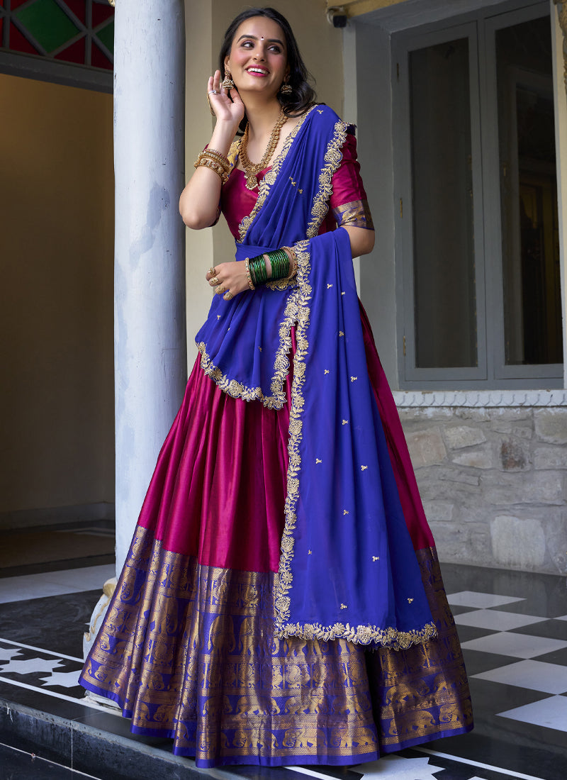Zari Weaving Work Narayan Pattu Half Saree Lehenga In Pink Color