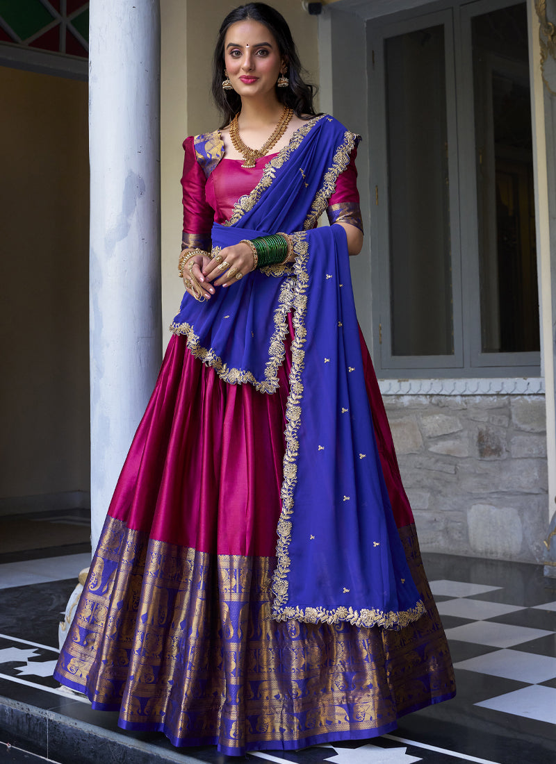 Zari Weaving Work Narayan Pattu Half Saree Lehenga In Pink Color