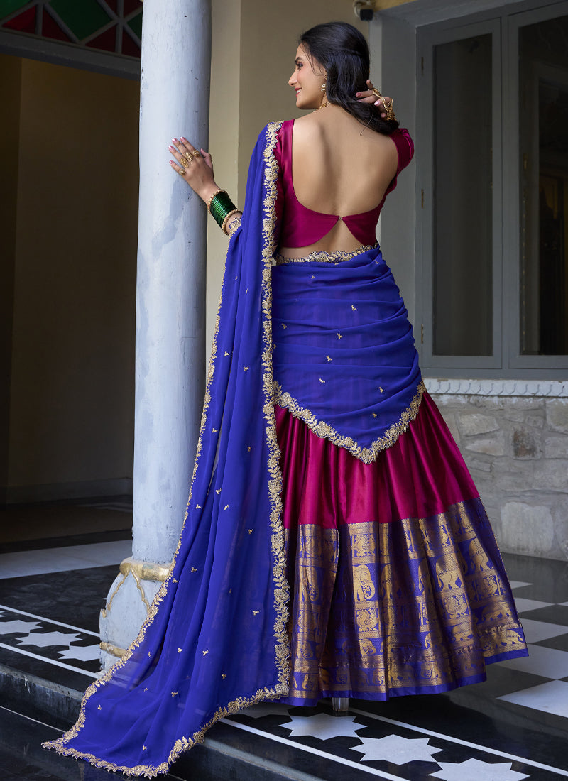 Zari Weaving Work Narayan Pattu Half Saree Lehenga In Pink Color