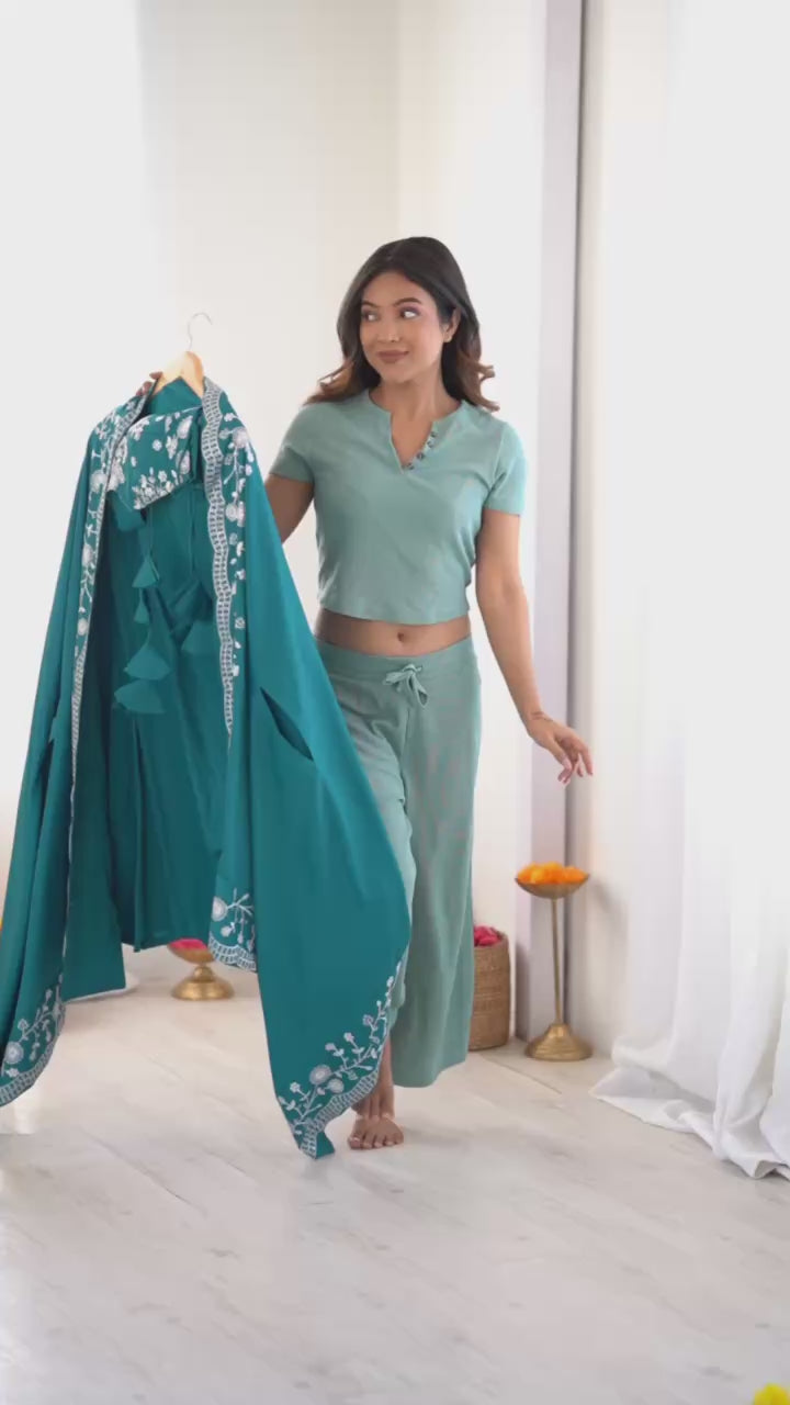 French Crepe Thread Work Indo Western Teal Blue Dhoti Choli With Shrug