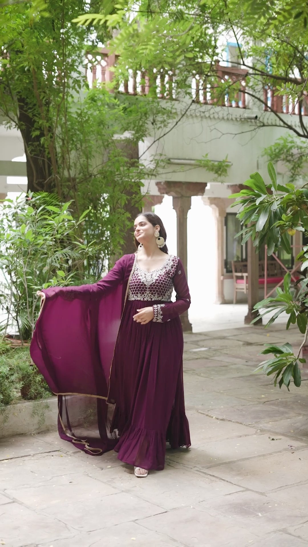 Embroidered Readymade Wine Faux Blooming Anarkali Gown With Dupatta