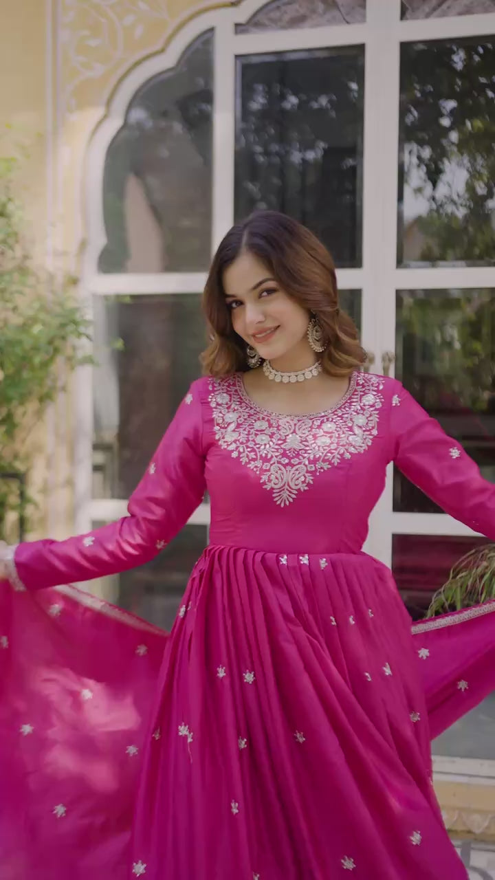 American Silk Pink Zari Embroidered Anarkali Suit Pant With Dupatta