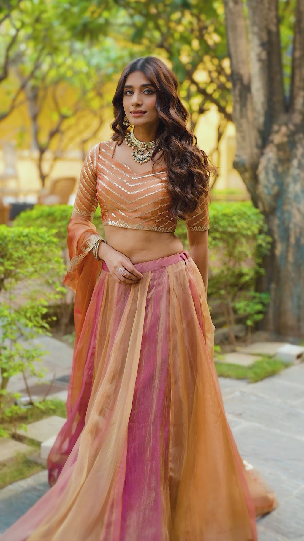 Gold Pink Organza Silk Plain Lehenga With Zari Embroidered Blouse