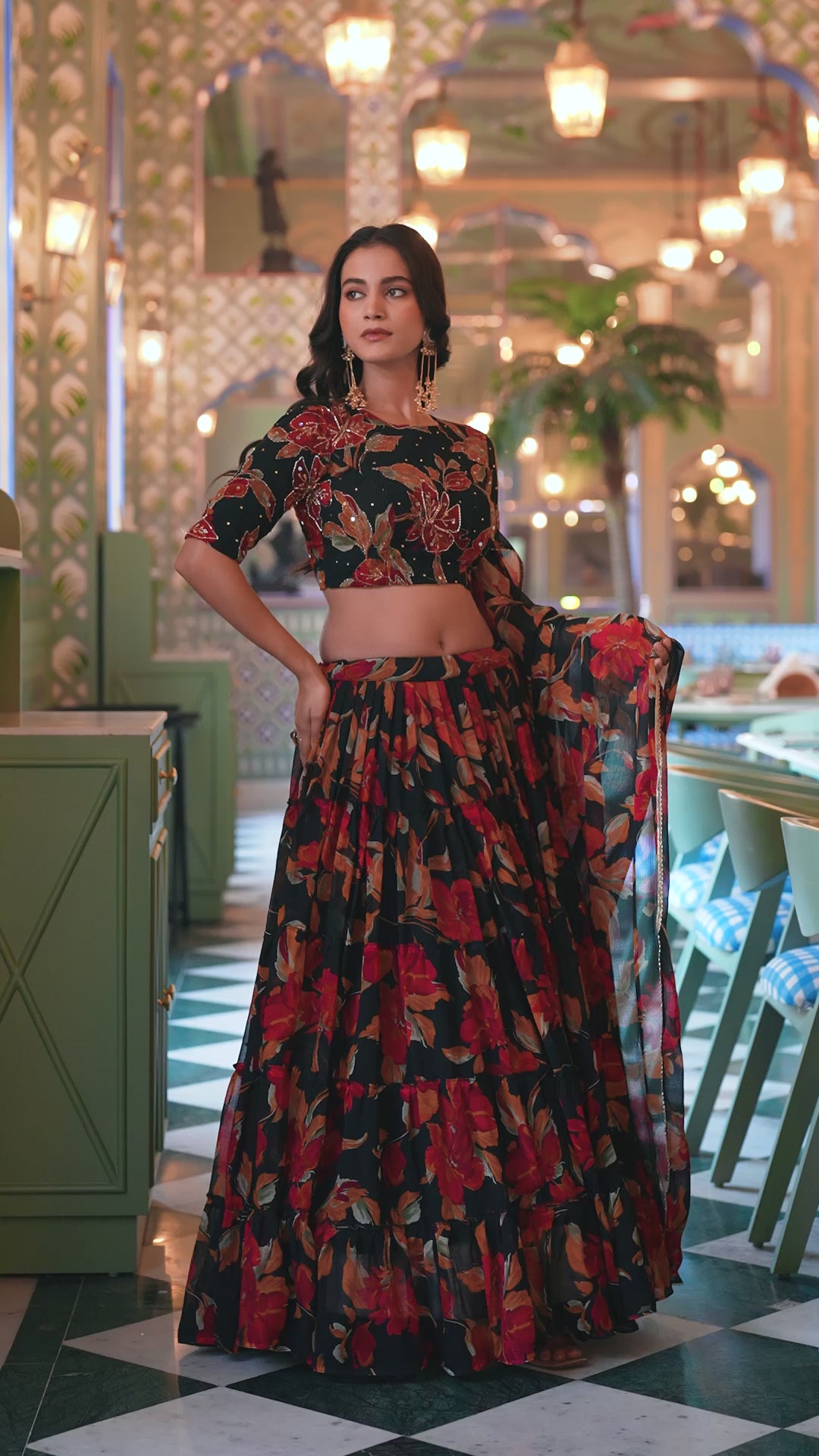 Handwork With Floral Printed Marble Silk Party Wear Black Lehenga