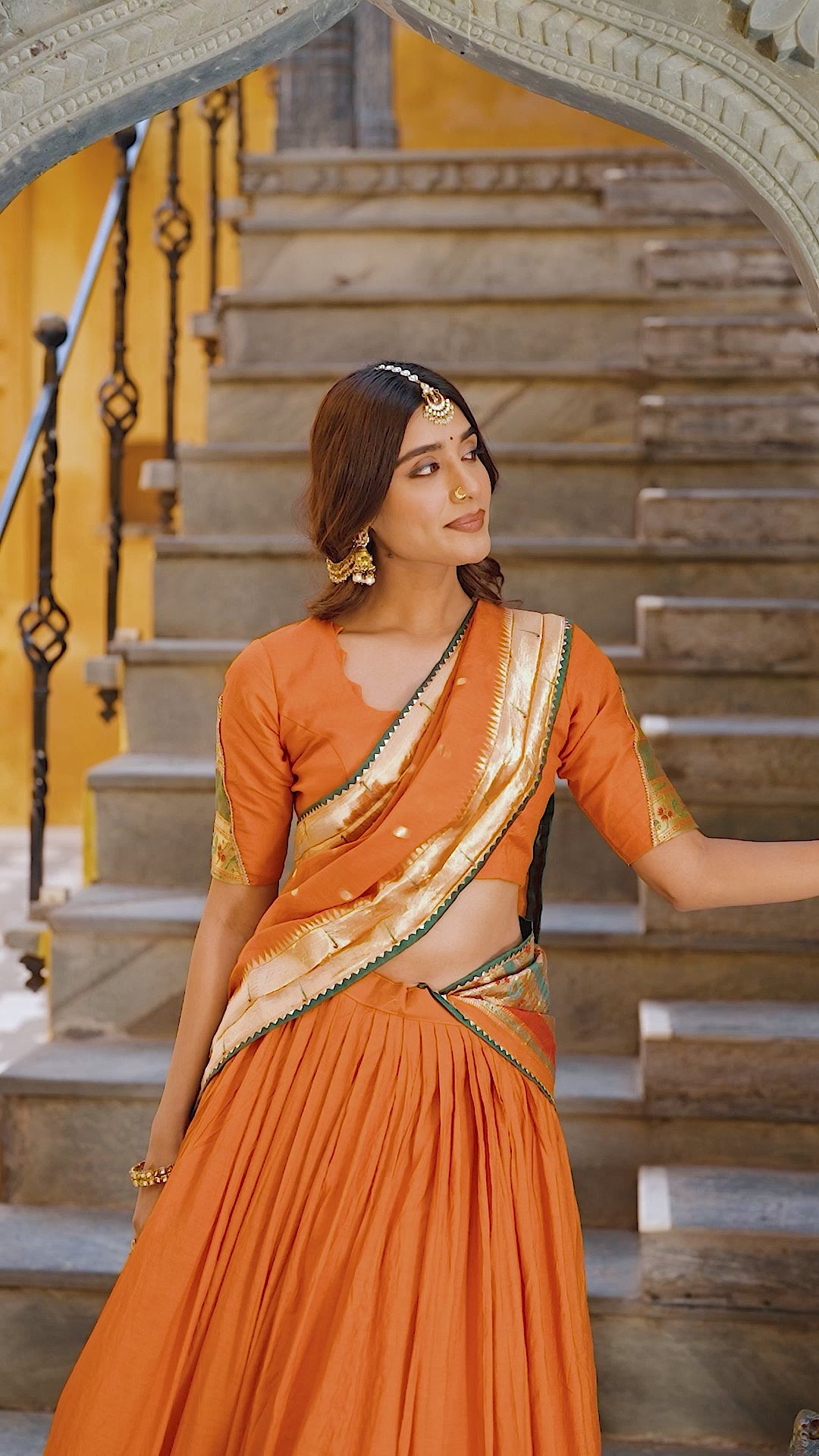 Zari Weaving Work Chanderi Silk Wedding Wear Orange Lehenga Choli