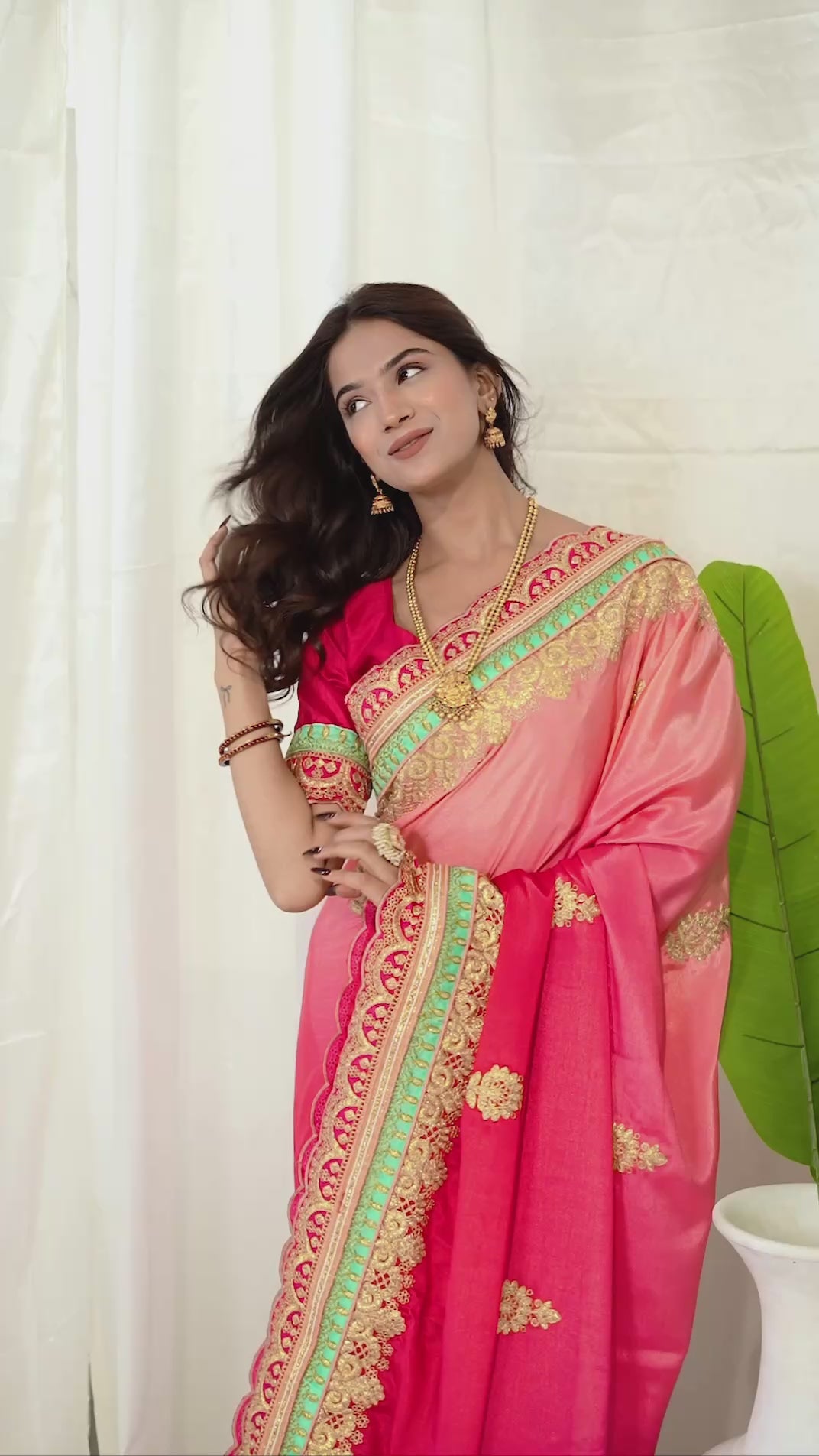 Embroidered Work Chinon Silk Red And Peach Shaded Saree With Blouse