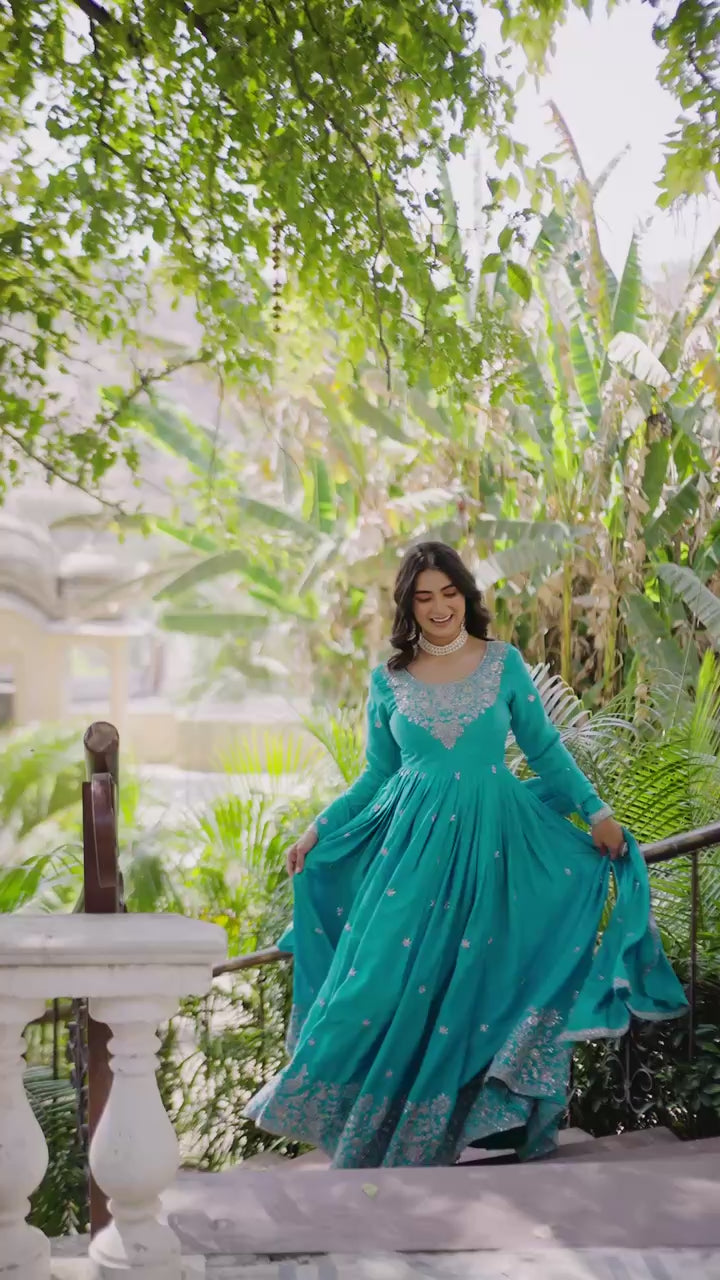 Heavy Embroidered Sky Blue American Silk Designer Anarkali Gown