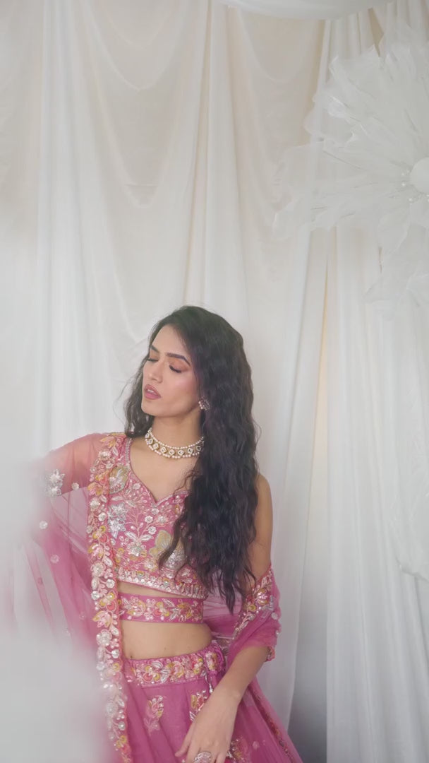 Heavy Embroidered Wedding Wear Bridesmaid Pink Organza Lehenga Choli