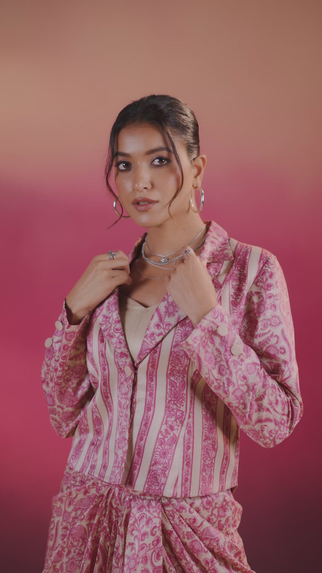 Readymade Printed Silk Pink Drape Skirt With Blouse And Jacket Set