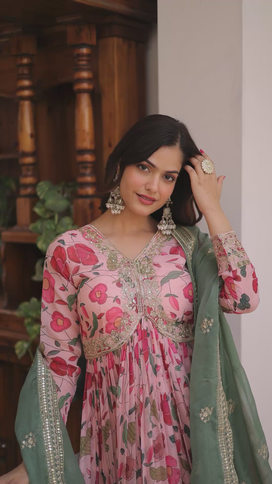 Digital Floral Printed Russian Silk Embroidered Pink Gown With Dupatta