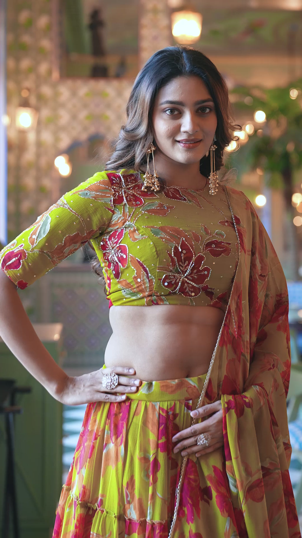Floral Printed Olive Yellow Marble Fabric Lehenga Choli For Women