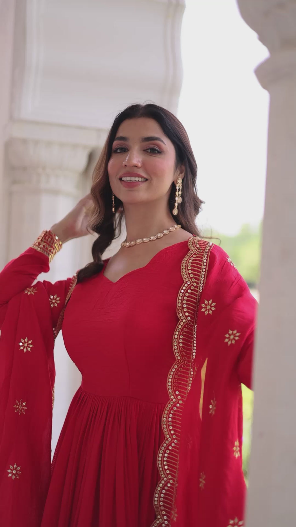 Wedding Special Vichitra Silk Intricate Embroidered Red Anarkali Gown