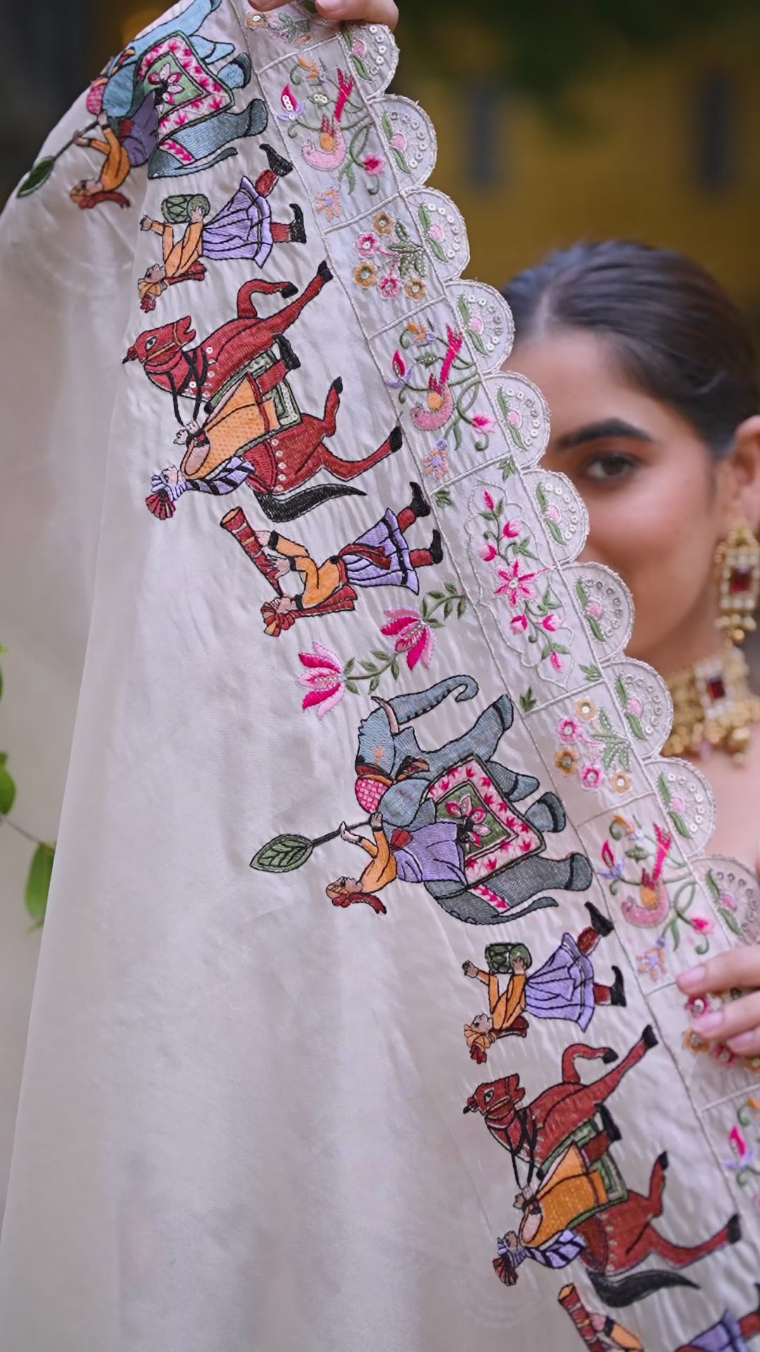 Designer Thread Embroidered Off White Raspberry Silk Lehenga Choli Set